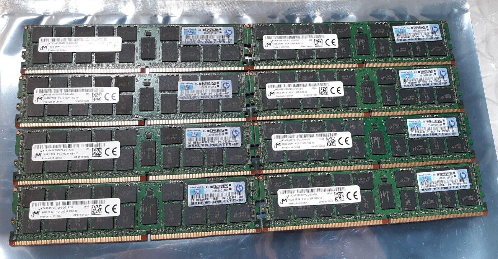 Lot of 8 Micron 16GB 2Rx4 MTA36ASF2G72PZ PC4-2133P Server RAM w/ HP 752369-081