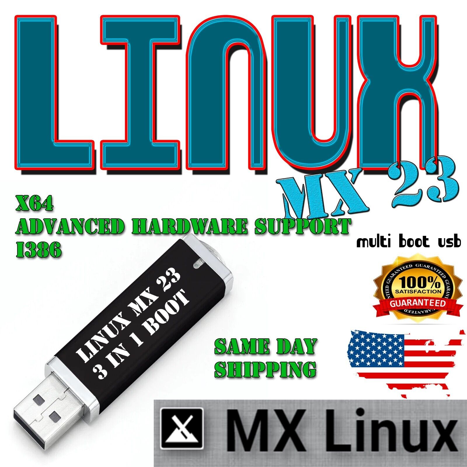 MX Linux 23 - 3 in 1 Multi Boot USB - 64-bit, 32-bit & Advanced Hardware