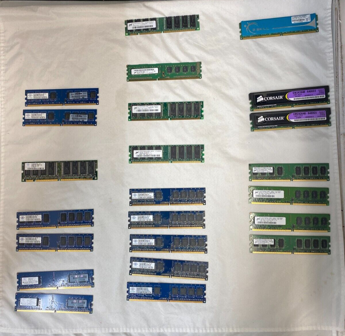Lot of 23 Nanya, Micron, Corsair, G. Skill Assorted RAM Memory Sticks, See Desc