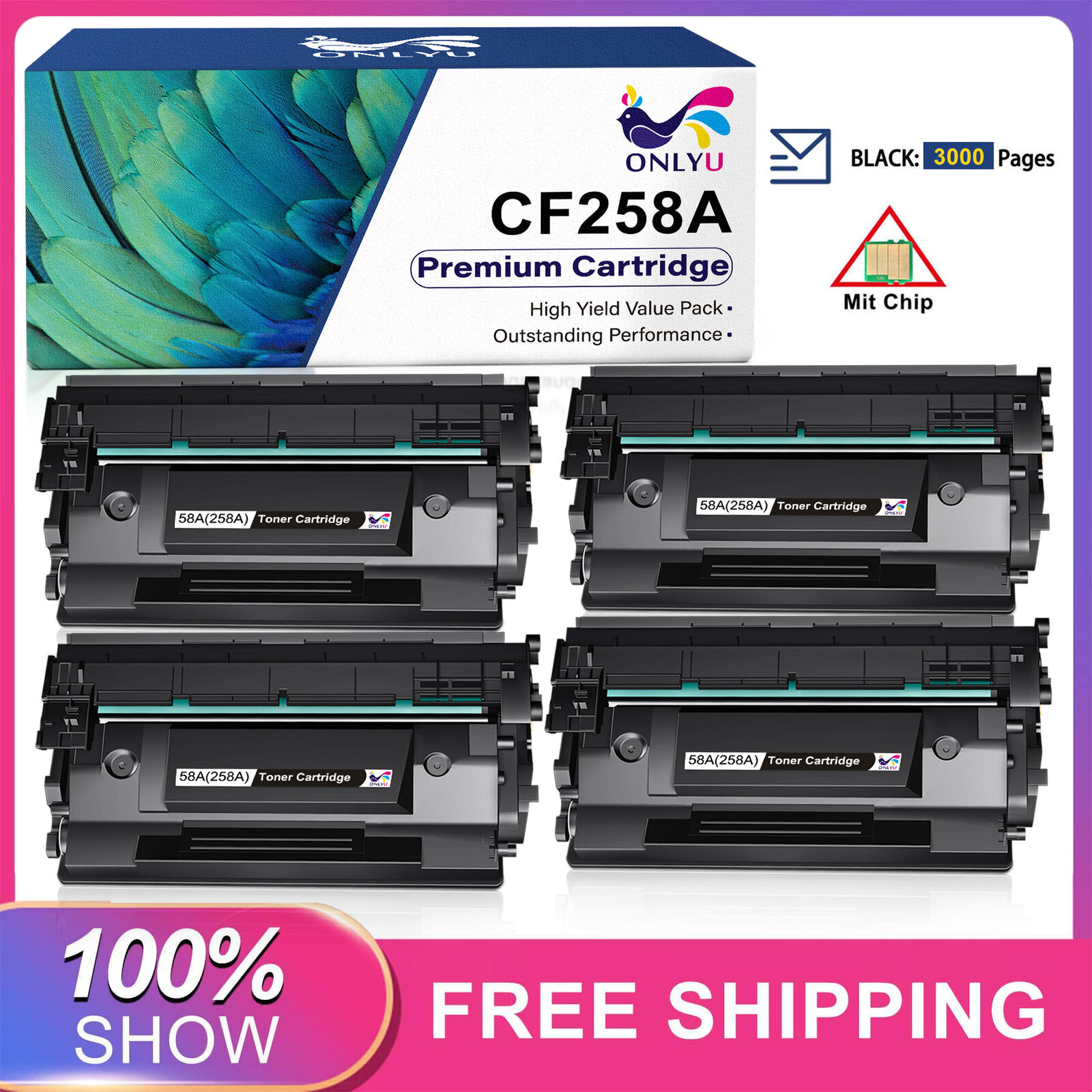 4Pc Toner Cartridge replacement for HP CF258A With Chip LaserJet M404dn M404dw