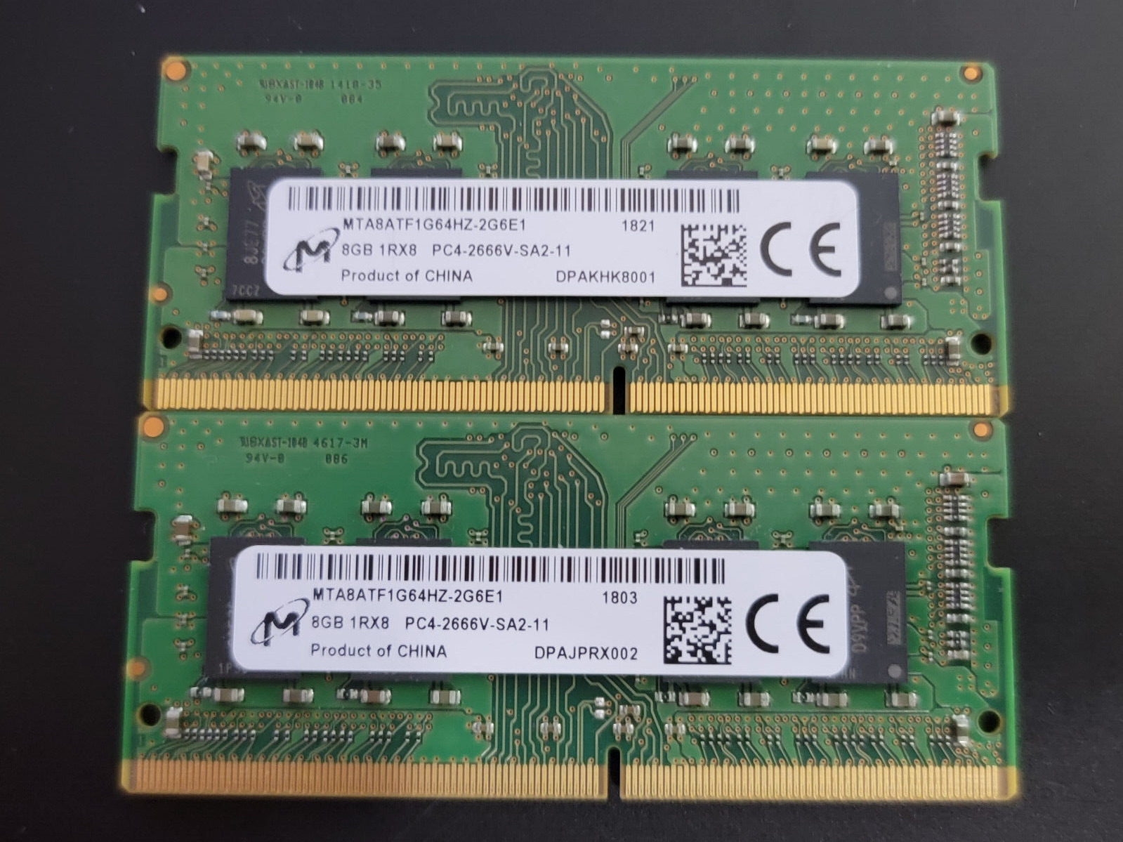 Lot of 2 Micron 8GB 1Rx8 PC4-2666V MTA8ATF1G64HZ-2G6E1 16GB Total Amem2