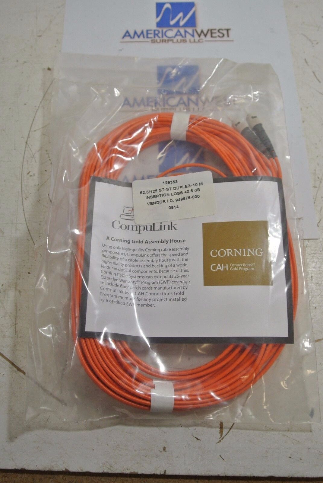Corning Compulink Anixter 129353 62.5/125 ST-ST Duplex 10 meter Fiber Cable NEW 