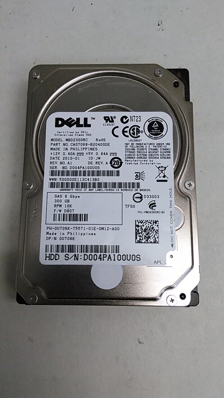 Lot of 2 Toshiba Dell MBD2300RC 300 GB 2.5 in SAS 2 Enterprise Hard Drive