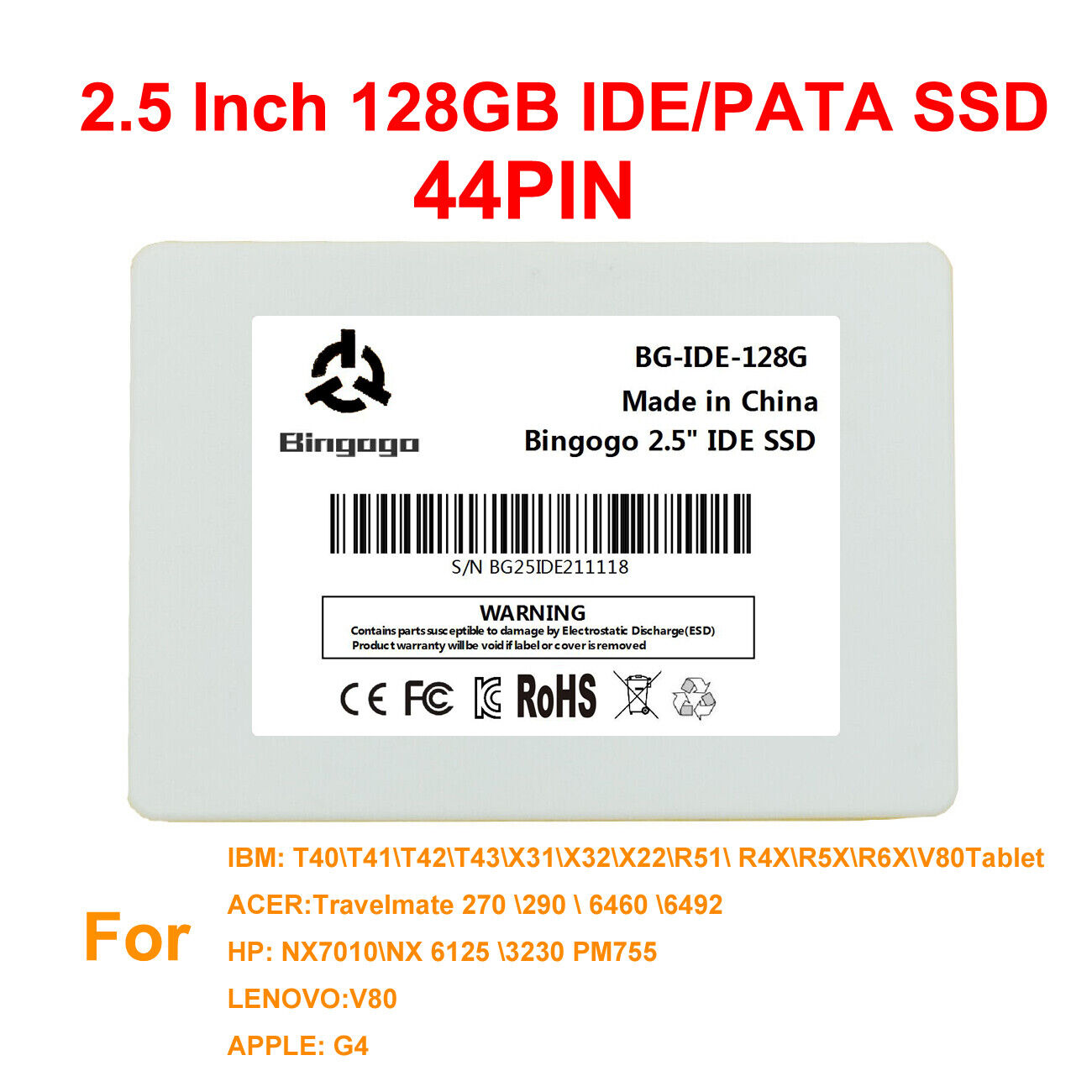 128GB BINGOGO PATA IDE 44 Pin SSD For IBM Laptop T40 T41 T42 T43 X31 X32 X22 R51