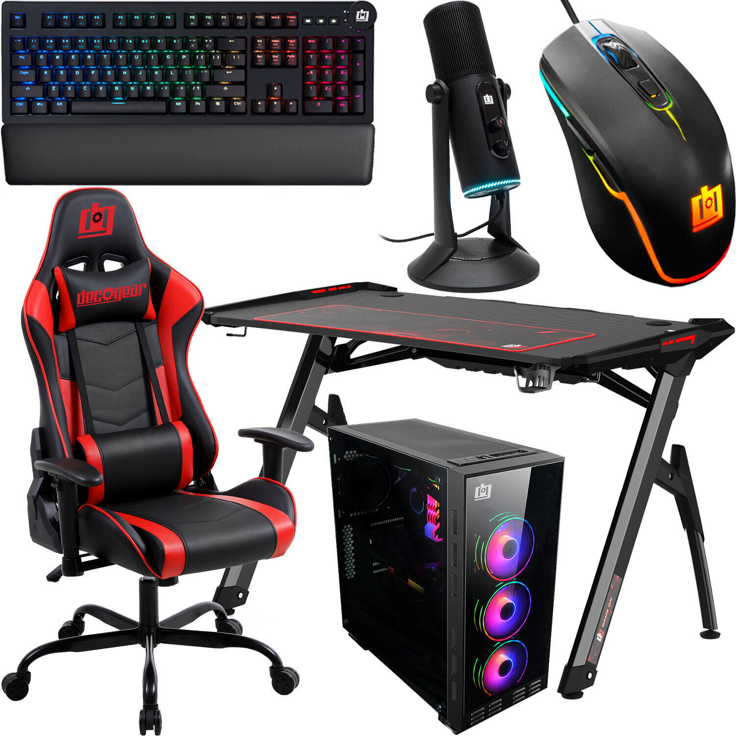 Deco Gear PC Gaming Kit, LED Desk, Chair, Case, Mechanical Keyboard, LED Mouse
