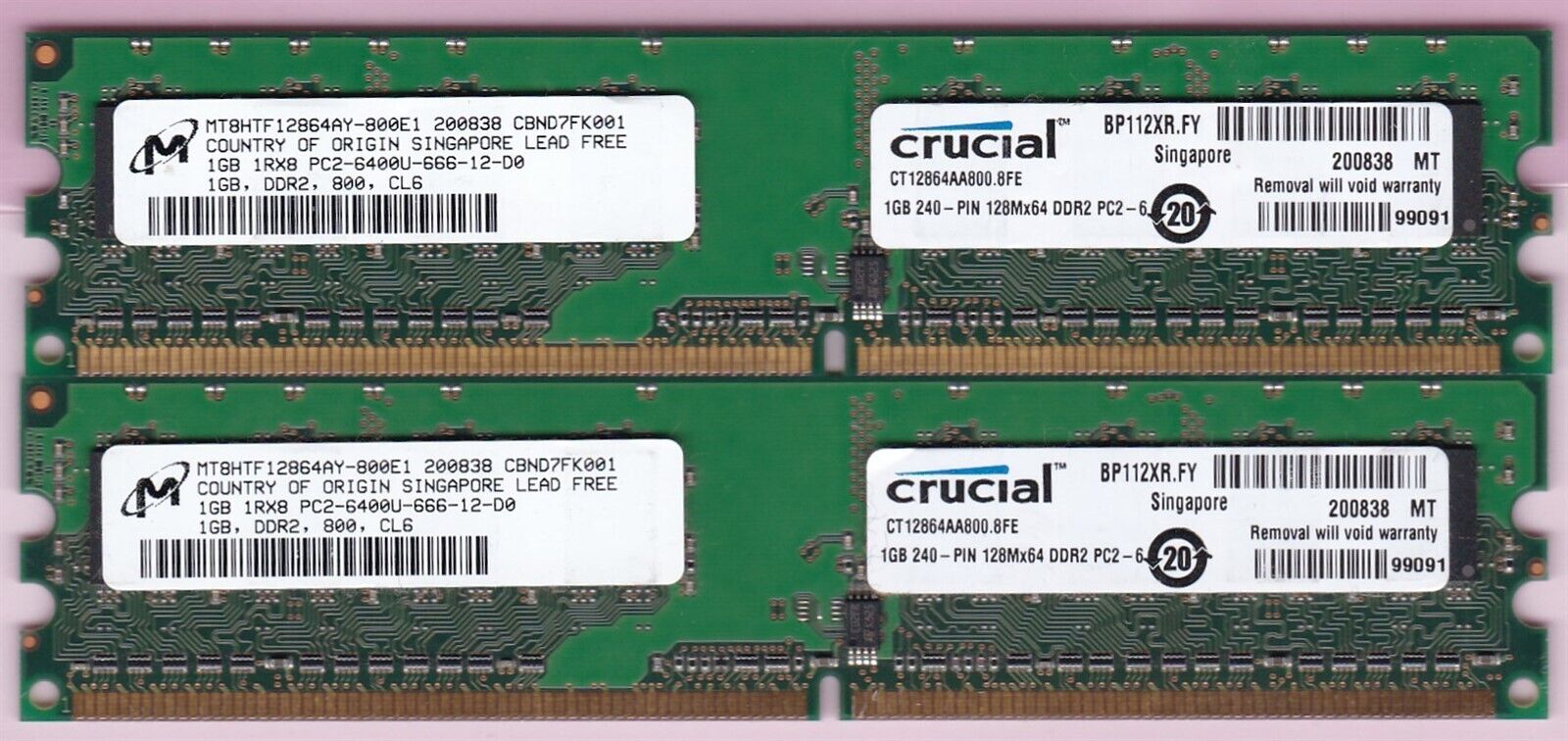 2GB 2x1GB PC2 6400 DDR2-800 CRUCIAL CT12864AA800.8FE MICRON MT8HTF12864AY-800E1