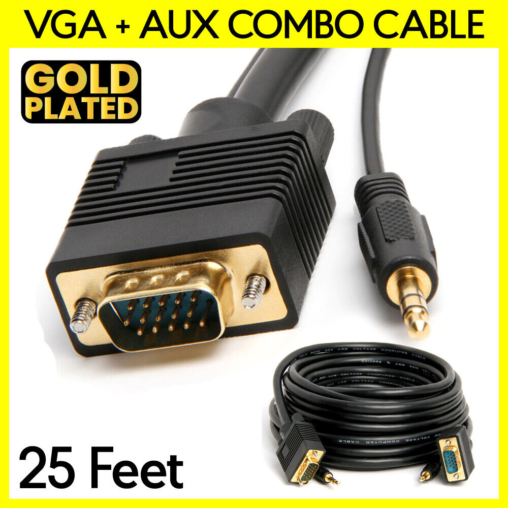 25 Feet VGA Cable with AUX SVGA + 3.5mm Monitor Cord Super VGA Audio Video Cable
