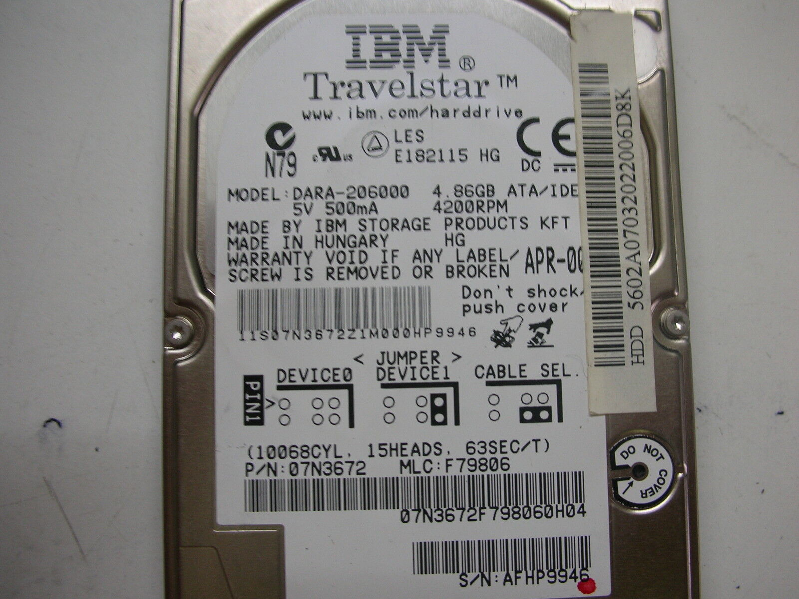 IBM Travelstar 4,86gb DARA-206000 320 36H5913 01 Hard Disk Drive 2,5 