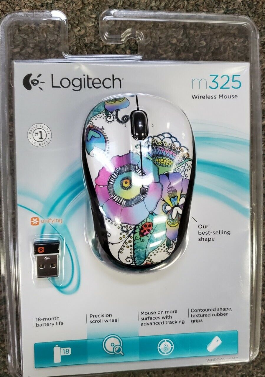 Lady on the Lily Logitech M325 Wireless Mouse with USB receiver NEW SEALED