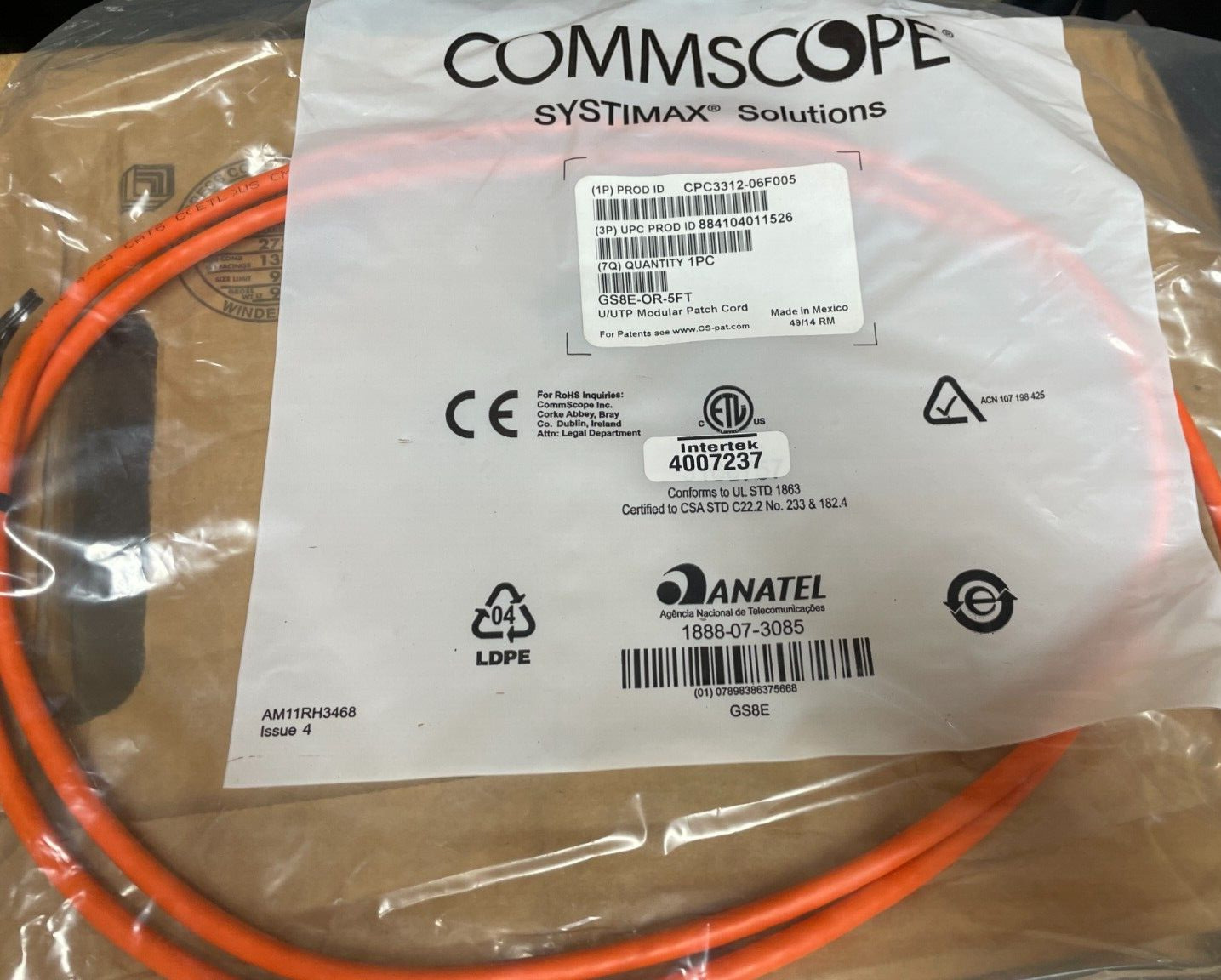 CommScope Systimax Solutions Patch Cable Orange 5ft U/UTP Modular Cord New