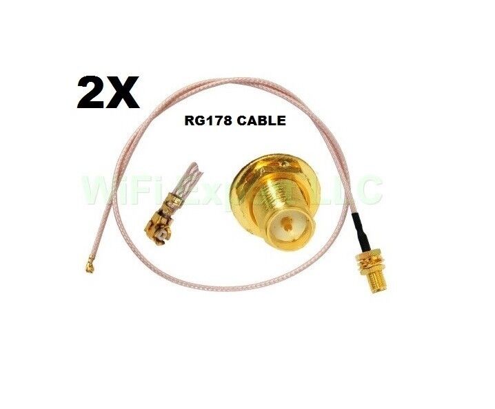 2X U.FL RG178 Mini PCI to RP-SMA Pigtail Antenna WiFi Cable 14 Inches (35cm) USA