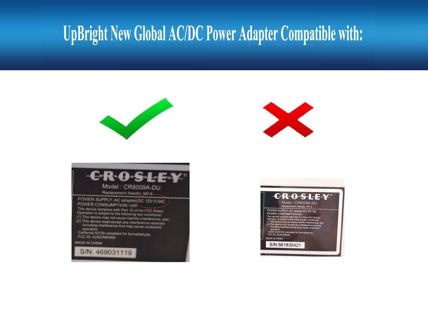 DC 12V or 5V AC Adapter For Crosley Discovery CR8009A-DU Turntable Record Player
