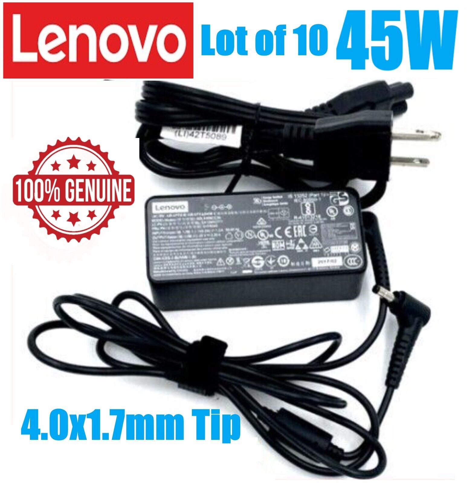 LOT OF 10 Genuine Lenovo 45W 4.0x1.7mm Small Black Tip AC Adapter Power Charger