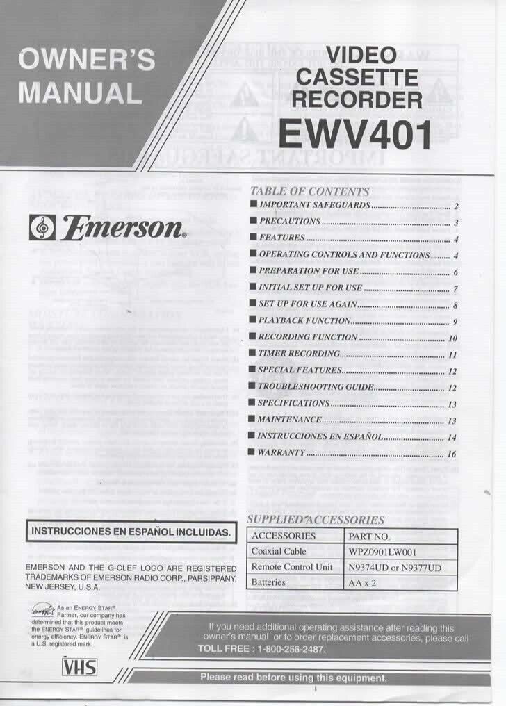 User\'s Guide/Owner\'s Manual Emerson EWV401 VCR VHS Video Cassette Recorder