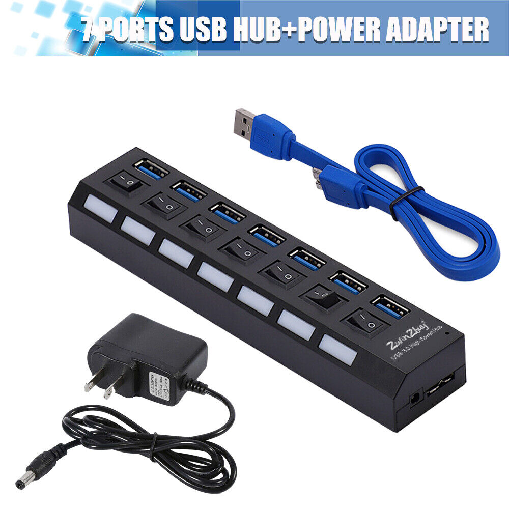 USB Hub 3.0 7-Port Individual On/Off Switches Splitter Adapter Portable Expander