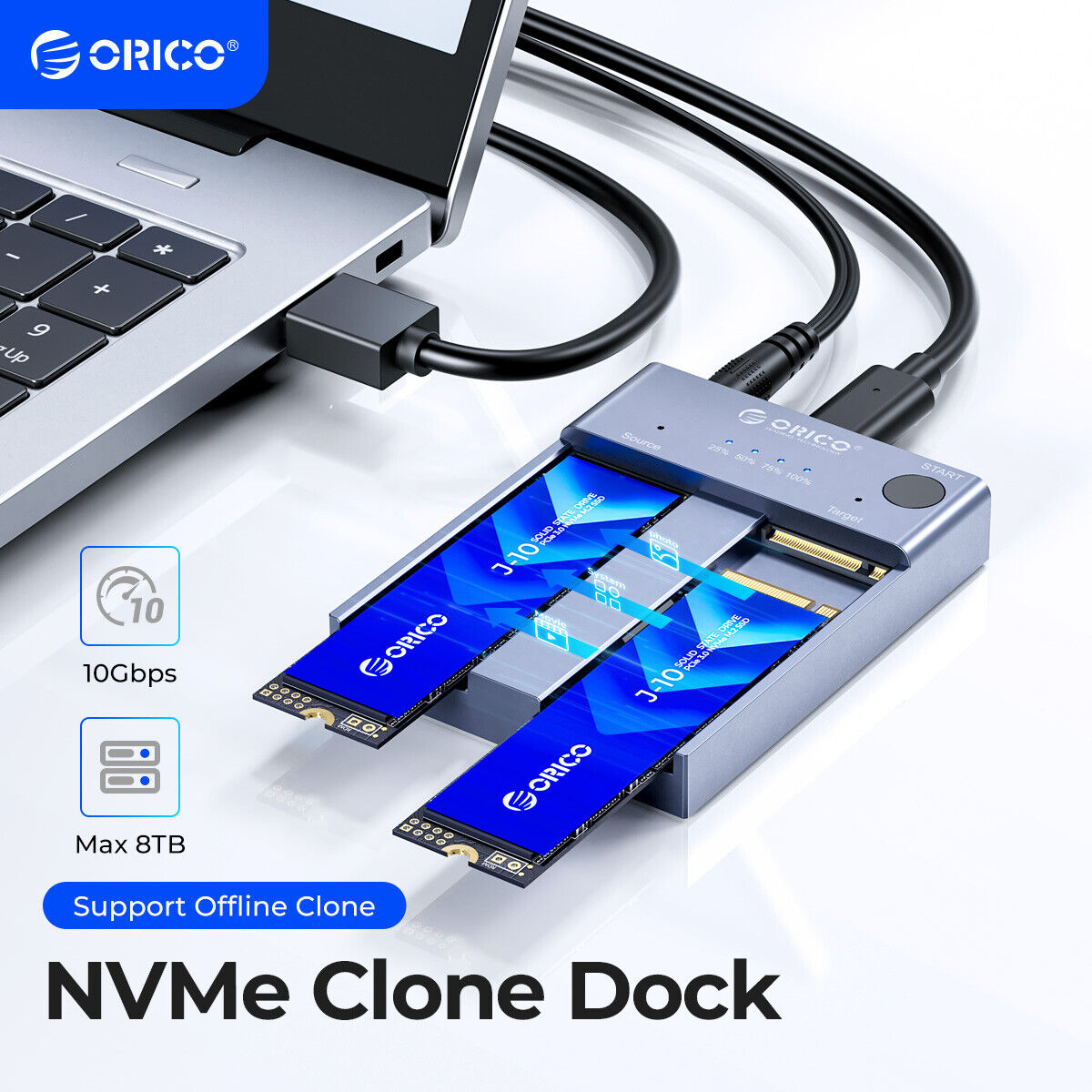 ORICO M.2 Dual-Bay NVMe Docking Station USB C NVMe Cloner for PCIe M-Key SSD 8TB