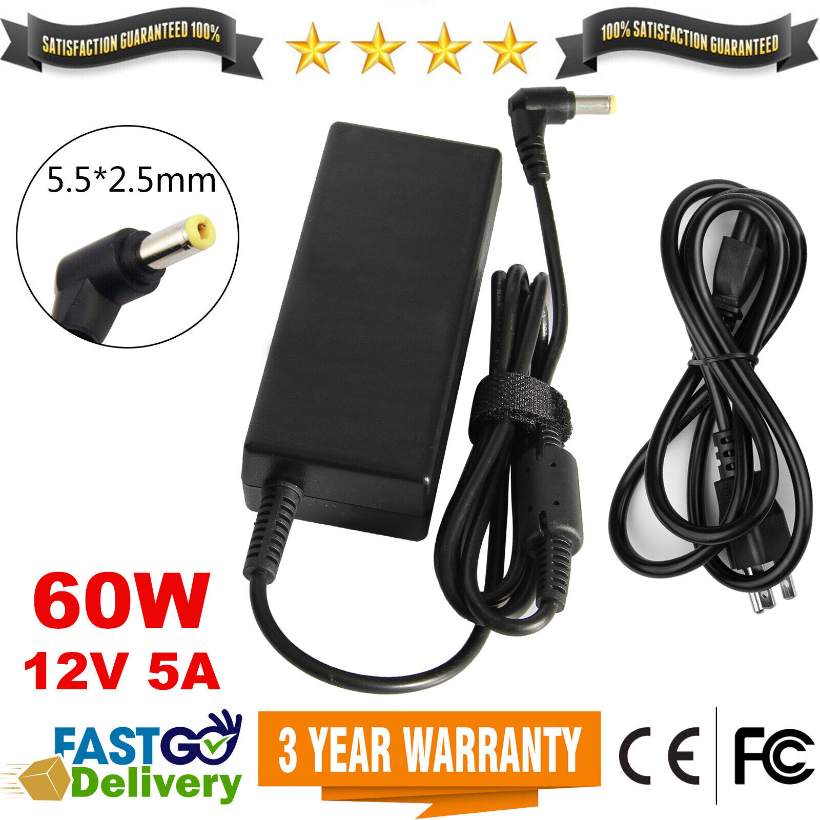12 Volt 5 Amp (12V 5A) 60W AC Adapter Charger Power Supply Cord FOR LCD Monitors