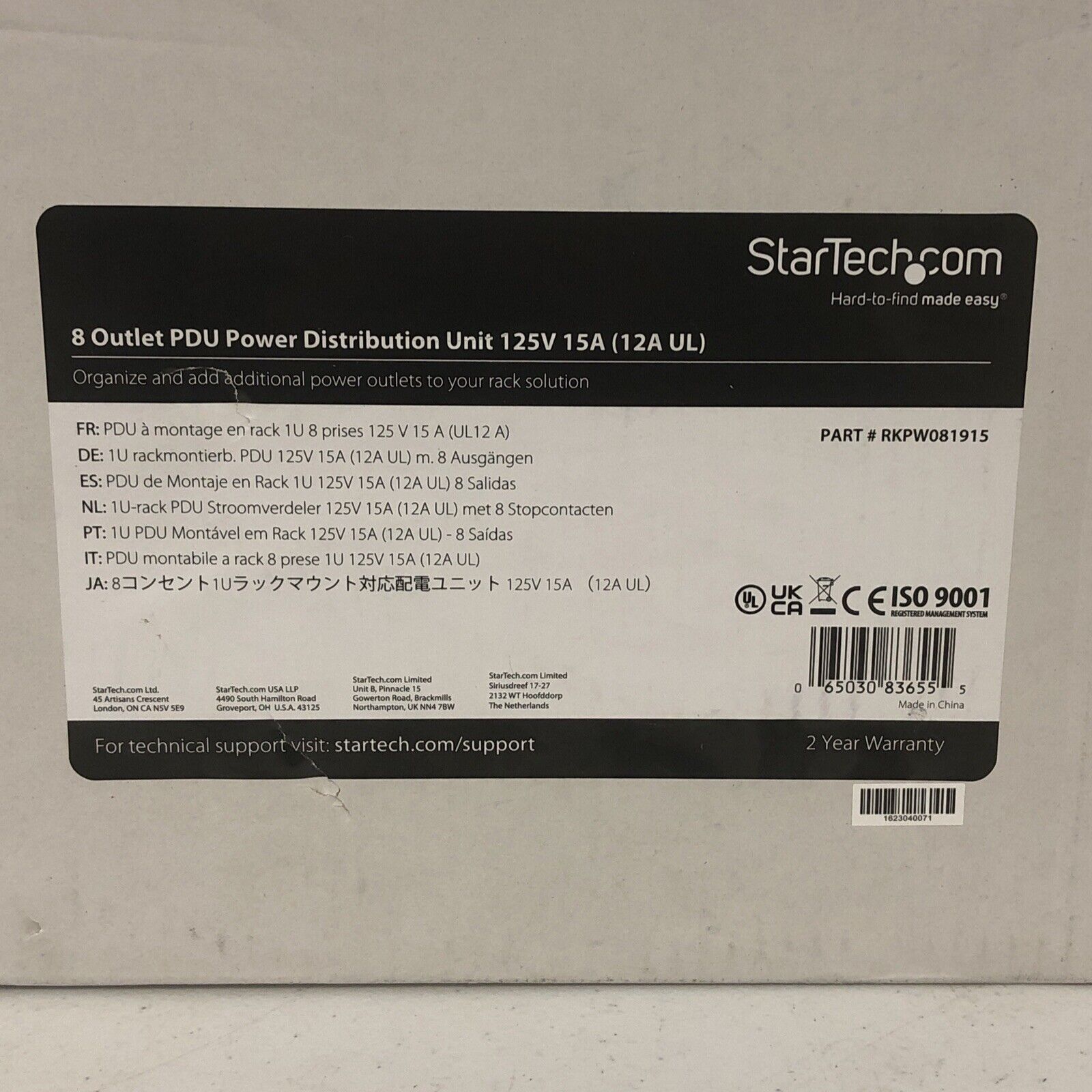 StarTech 8 Outlet 1U Rack Mount PDU Power Strip RKPW081915