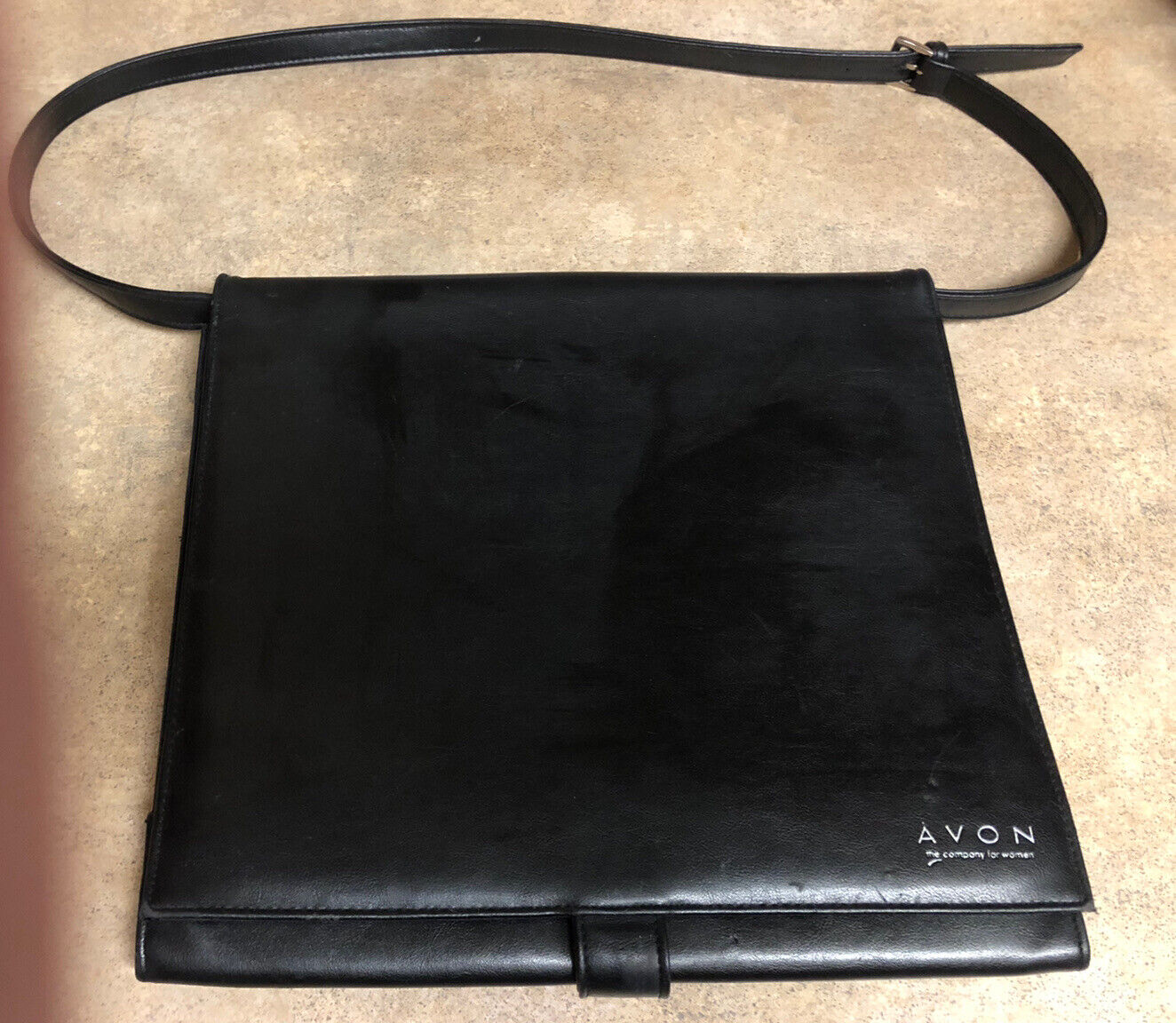 Vintage Avon Black Leather Organizer Briefcase With Adjustable Shoulder Strap