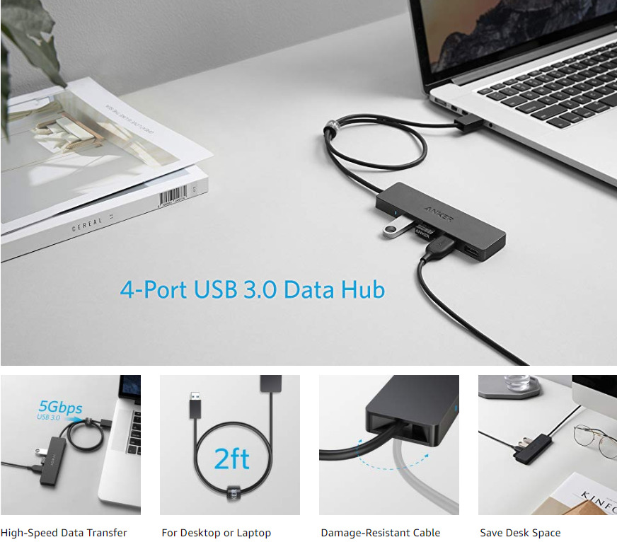 4 Port Usb3 Hub Ultra Slim Anker Mac Macbook Pro Data Mini Imac Surf New Adapter