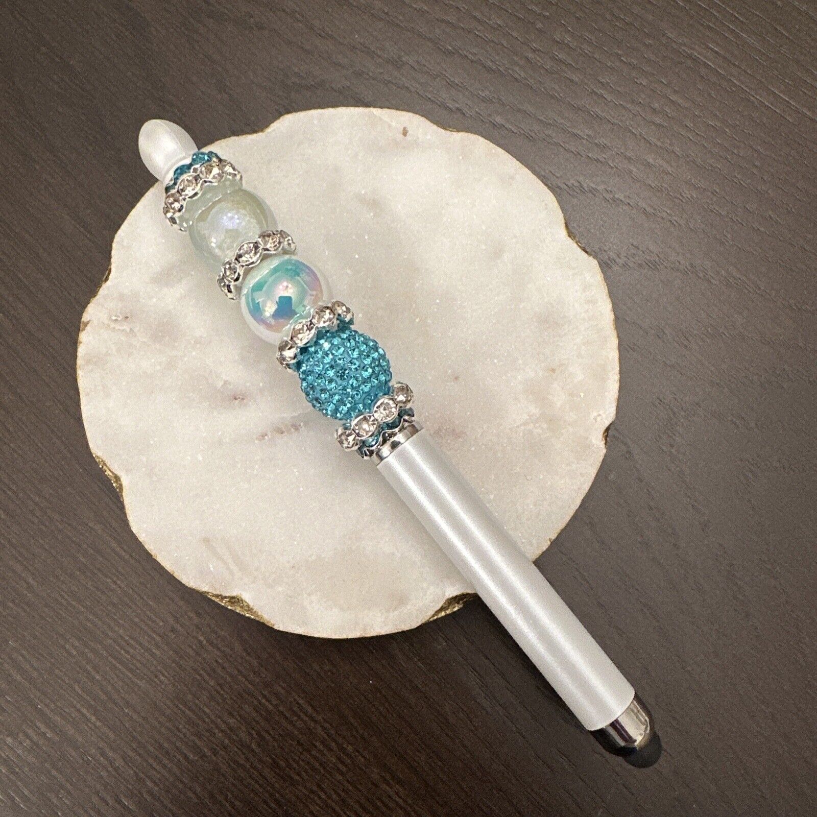 Beaded White Stylus Pen - Turquoise Bling Custom