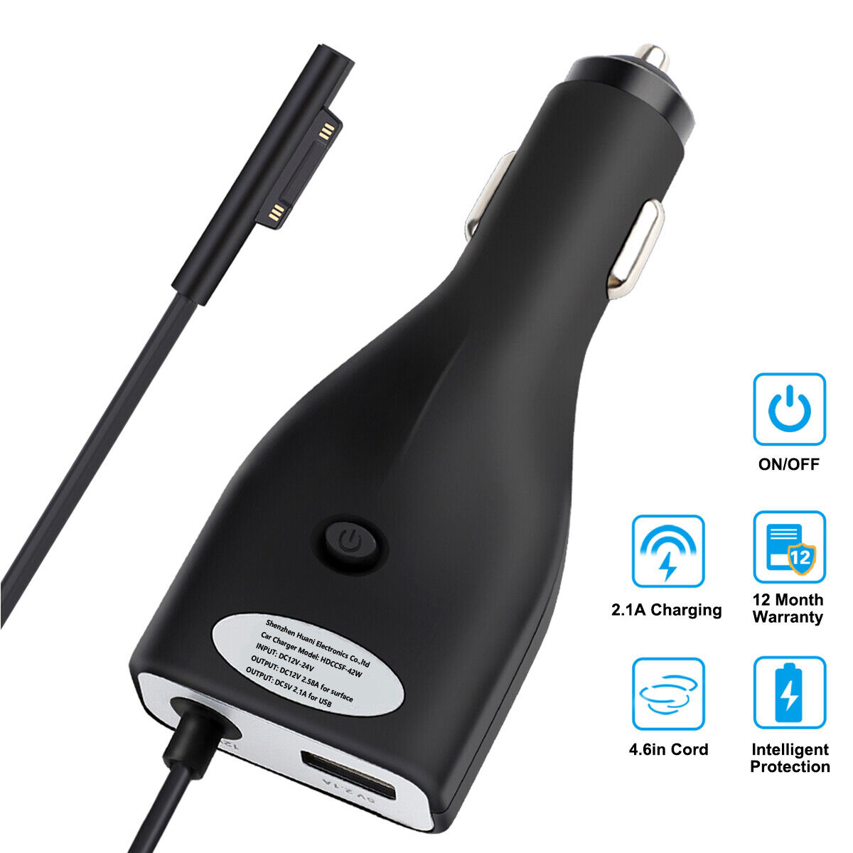 Surface Pro Car Charger 42W 12V 2.58A for Surface Laptop+5V 2.1A USB Charge Port