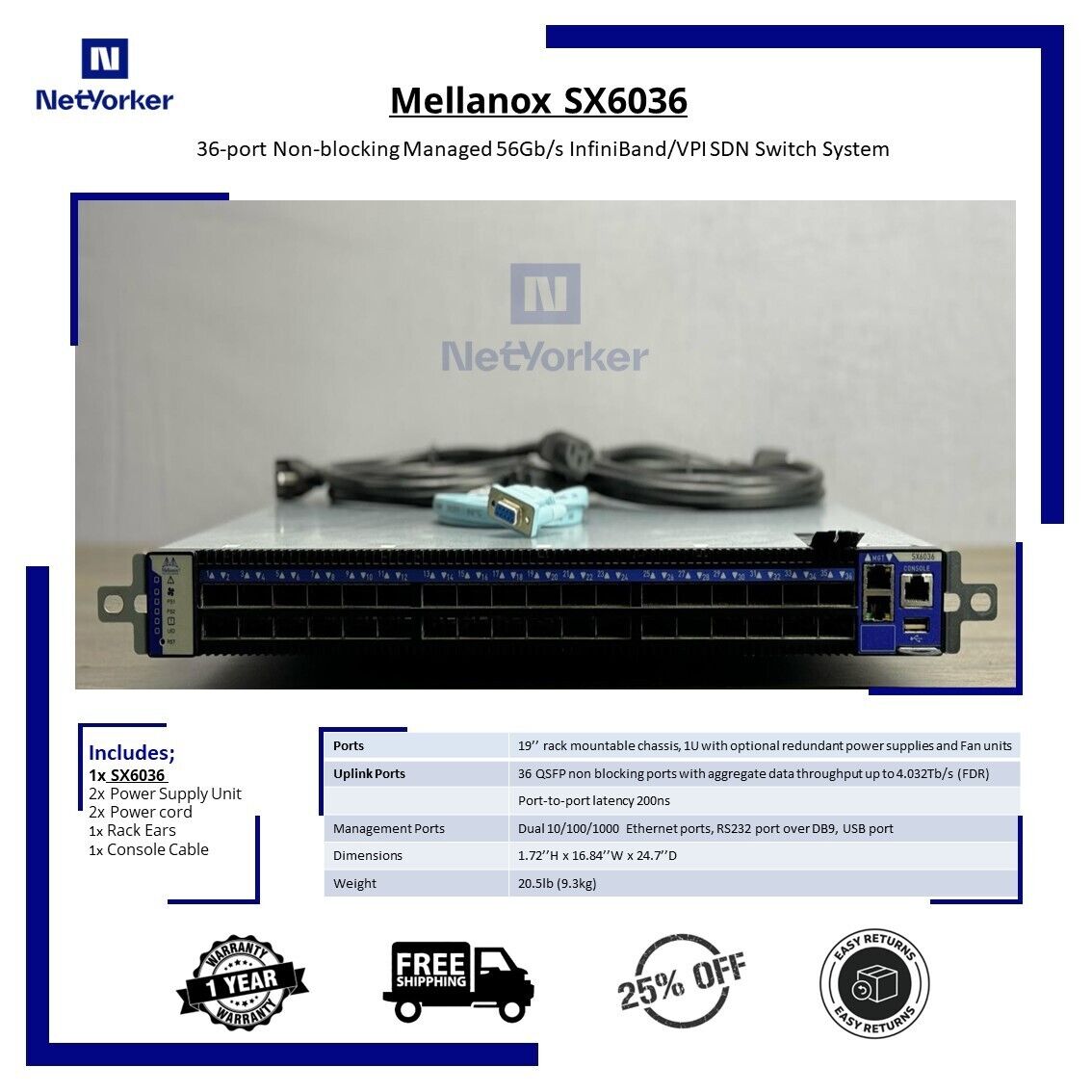 Mellanox SX6036 36 Port QSFP Managed InfiniBand Switch 2xPsu - Same Day Shipping