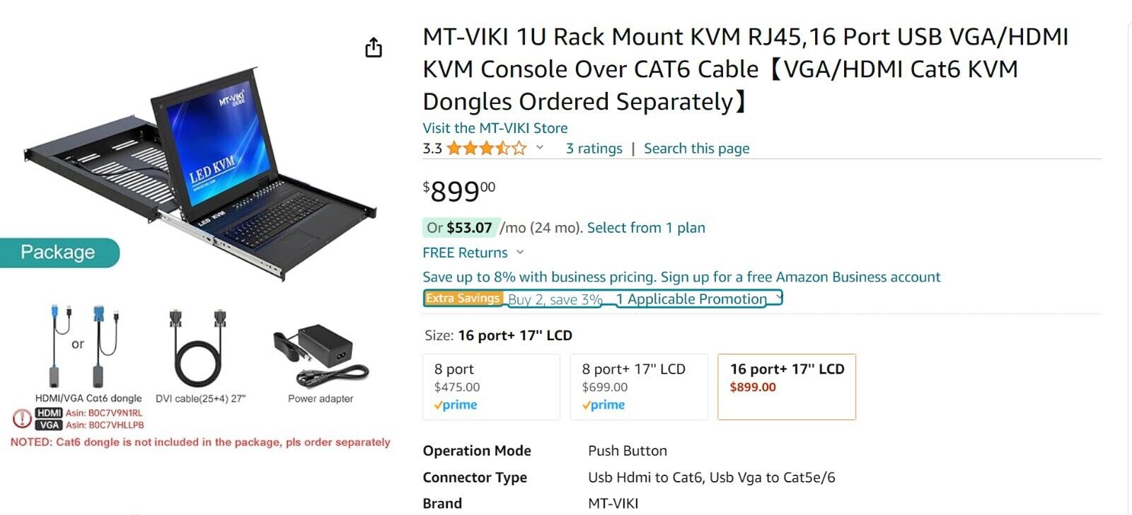 MT-VIKI 1U Rack Mount KVM RJ45 16 Port USB VGA/HDMI KVM Console Over CAT6 Cable