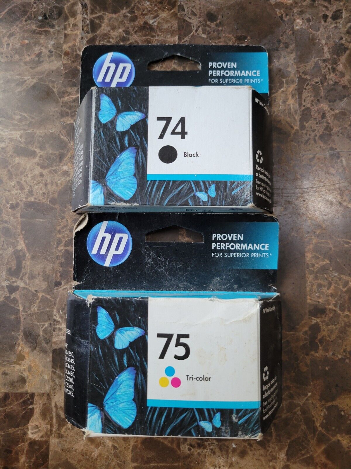Lot of 2 Two Genuine HP Inkjet cartridges 74 Black 75 Tri-Color Exp 2014 SEALED