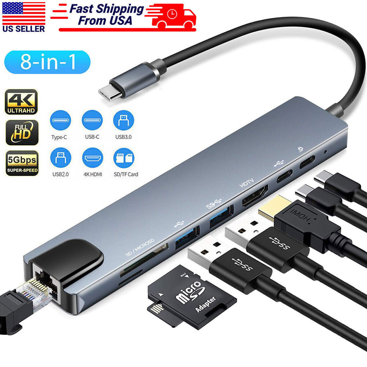 USB C Hub Ethernet Multiport Type C Adapter For MacBook Pro/Air iPad Pro Laptop