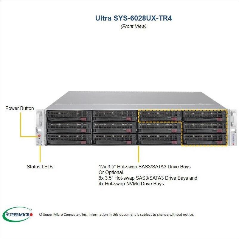 2U 12 Bay SuperMicro RAID Server SYS-6028UX-TR4 2x Xeon 18 Cores 512GB RAM 6xPCI