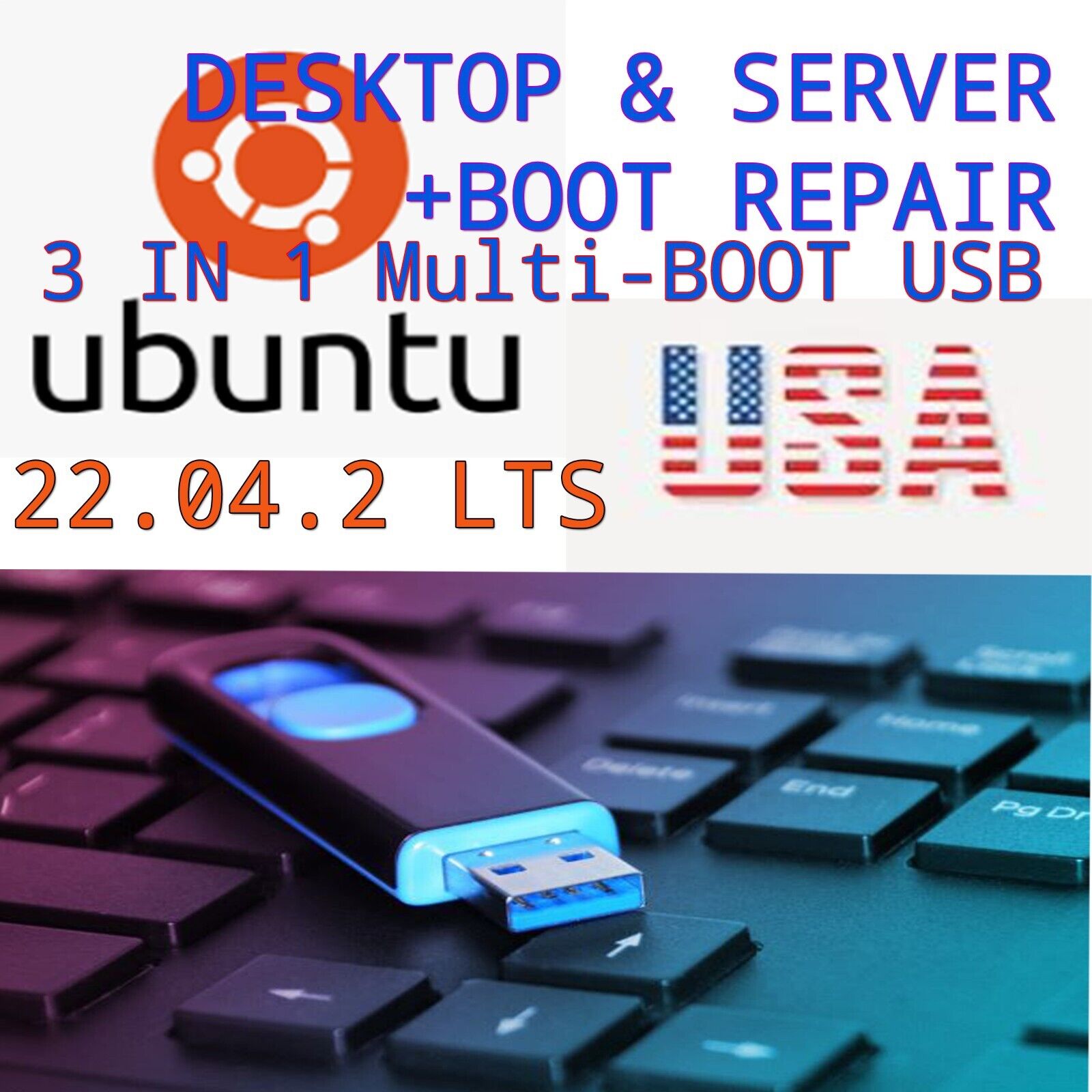 Ubuntu 22.04.2 LTS USB 3 in 1 UEFI BIOS Desktop Server and Boot Repair FAST SHIP