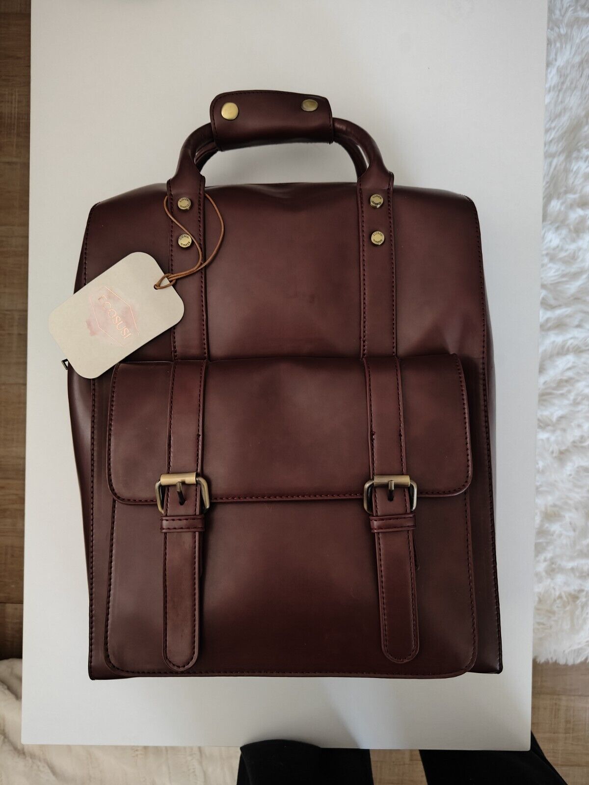 ECOSUSI Laptop 15.6 inches Backpack PU Leather Bag, Burgundy