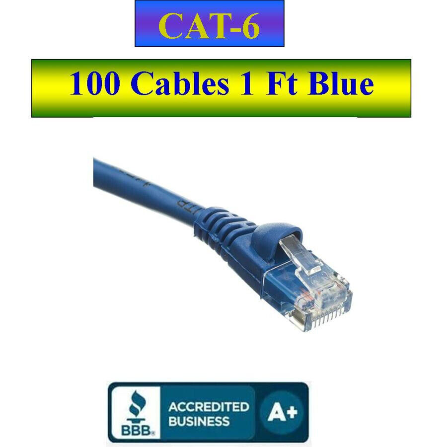 Pack of 100 Cables Snagless 1 Ft Cat6 Blue Network Ethernet Patch Cable
