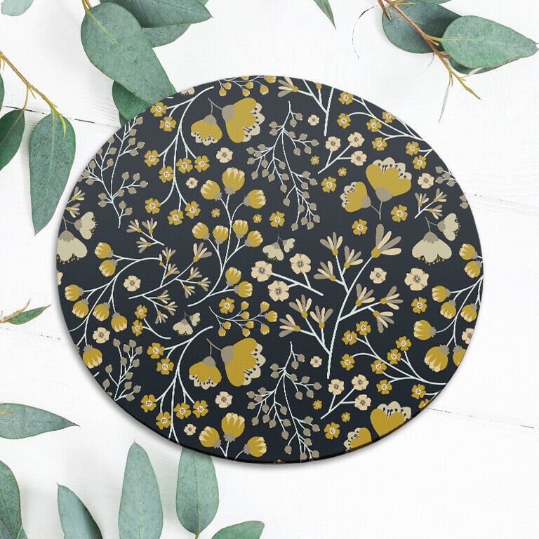 Vintage Yellow Gray Flowers Retro Mouse Pad Mat Office Desk Table Accessory Gift