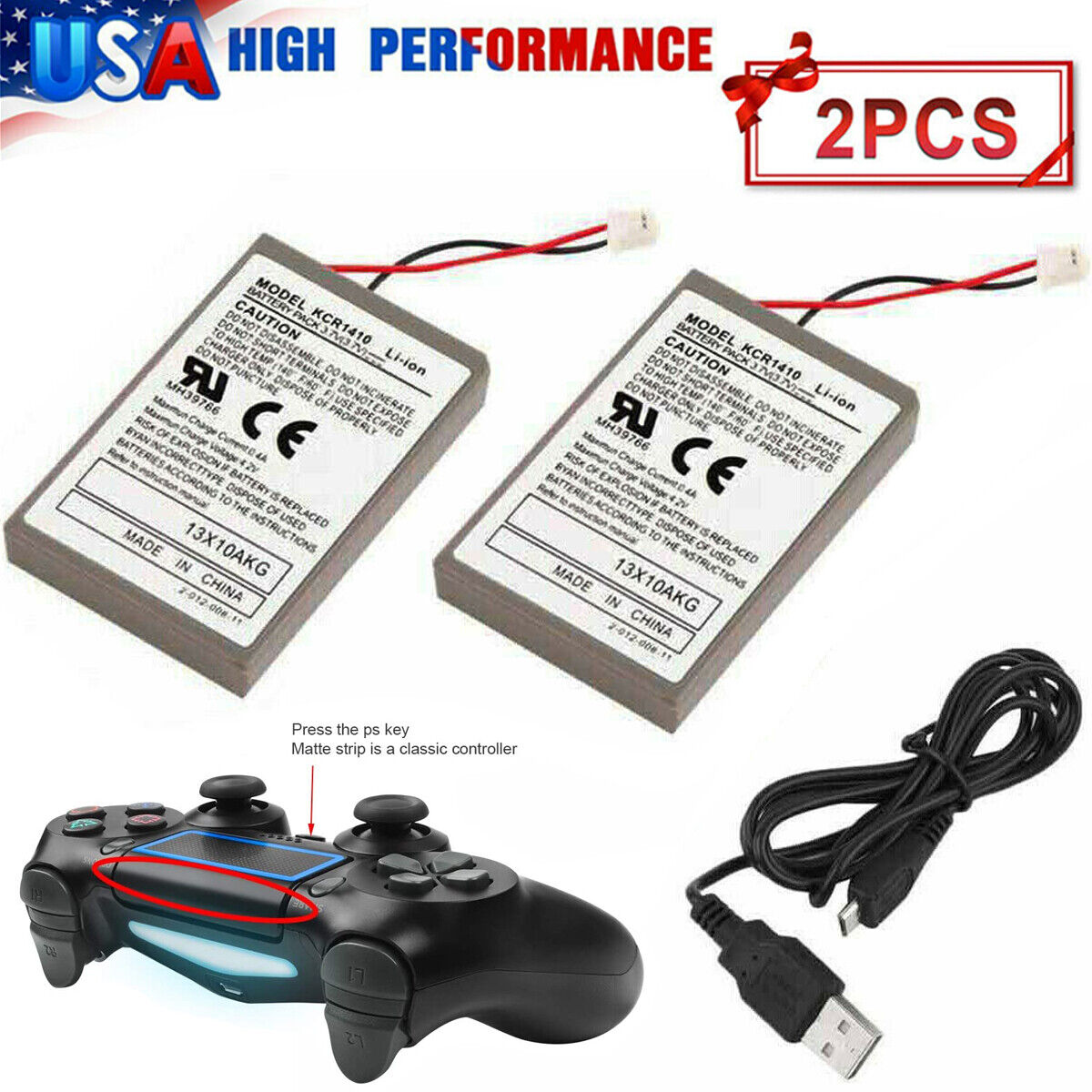 2x Rechargeable Battery For PS4 Controller 2000mAh Replacement & Charging Cable
