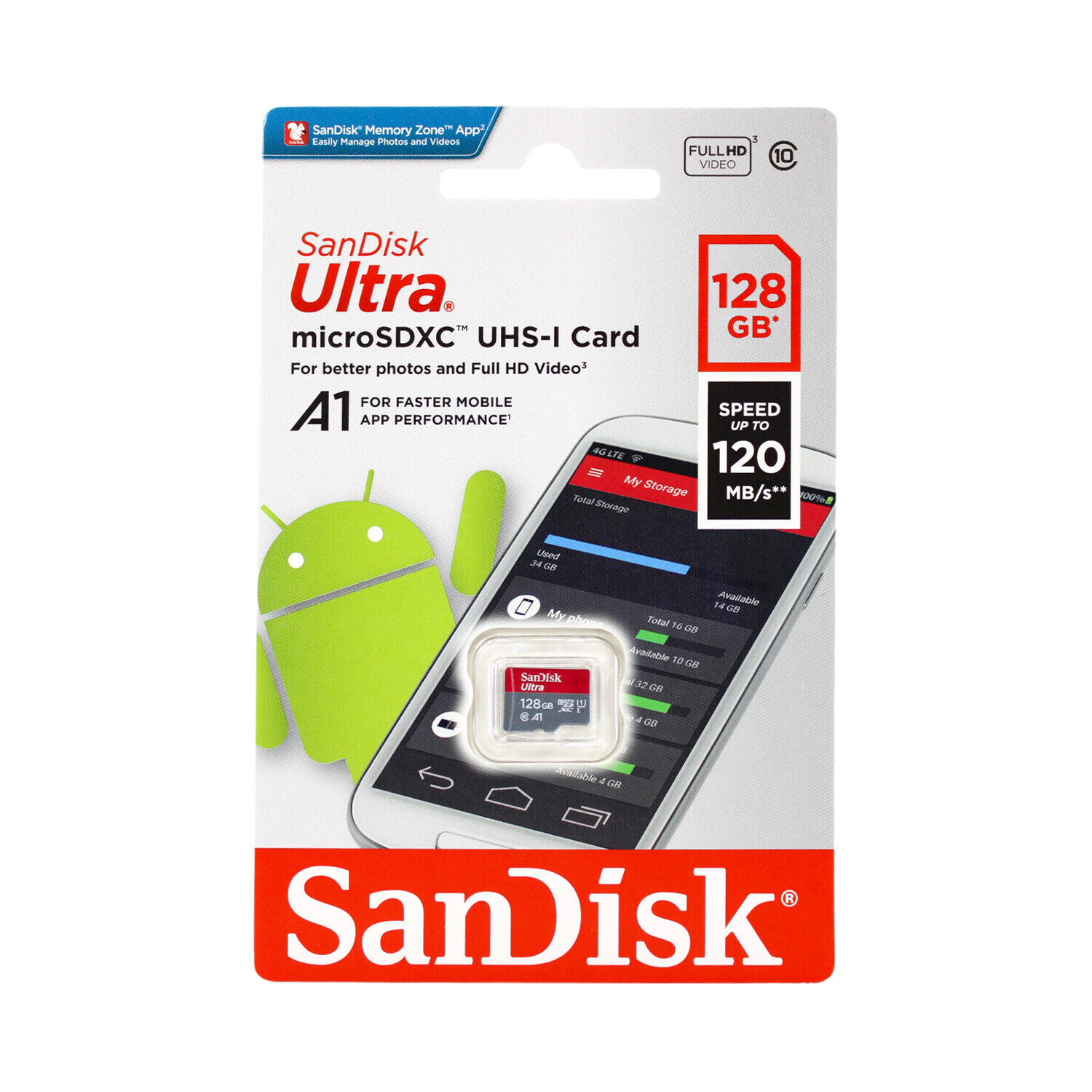 SanDisk 128GB Ultra MicroSDXC 120MB/s Read UHS-I Card A1, C10, U1, Full HD