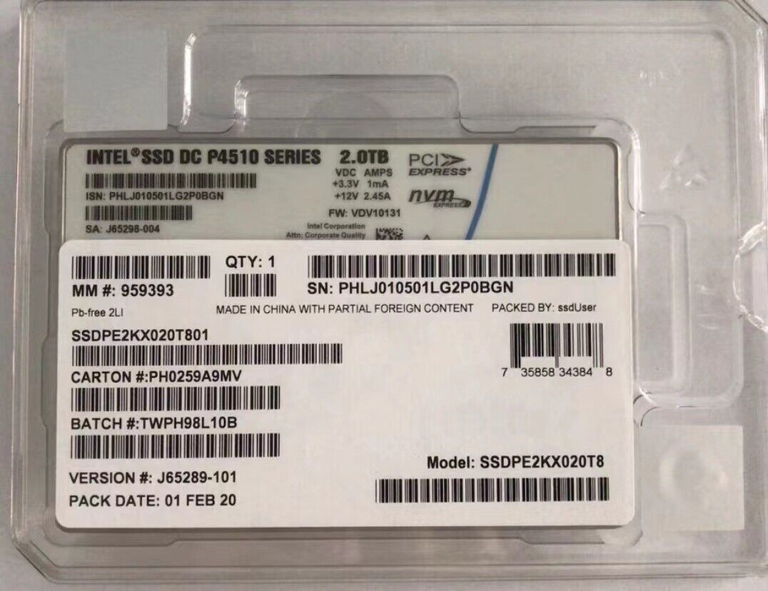 Intel P4510 Series 2TB SSD DC NVME U.2 SSDPE2KX020T8 Solid State Drive