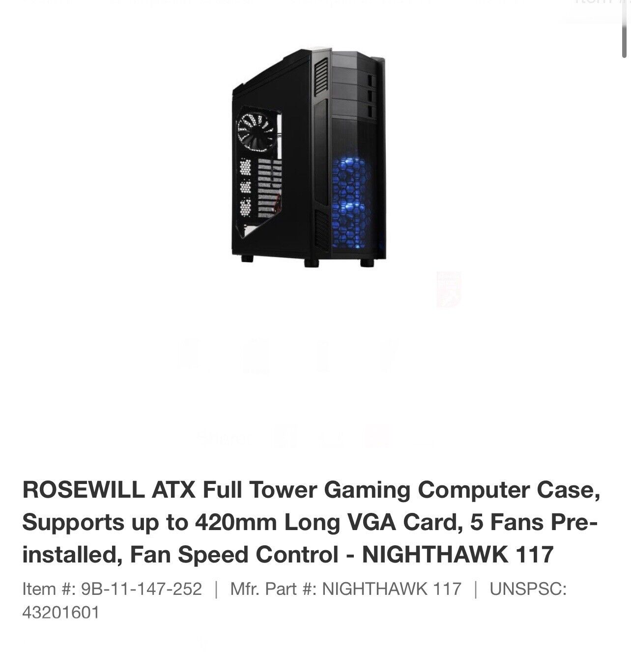 ROSEWILL NIGHTHAWK 117 - ATX FULL Gaming Tower Computer PC Desktop Case - 5 Fans