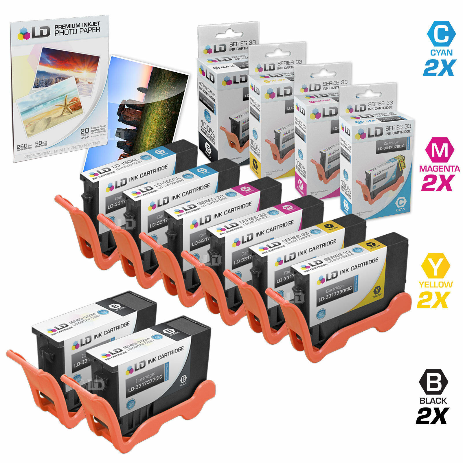 LD Ink Cartridges for Dell 33/34 Series V525W V725W Set of 8 Extra High Yield