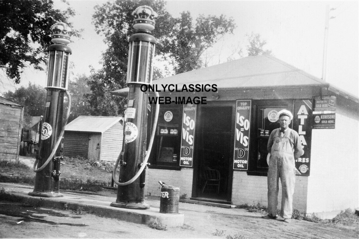 1919 STANDARD RED CROWN GAS OIL STATION PUMP SIGN MN MAN ATTENDANT 8X12 PHOTO