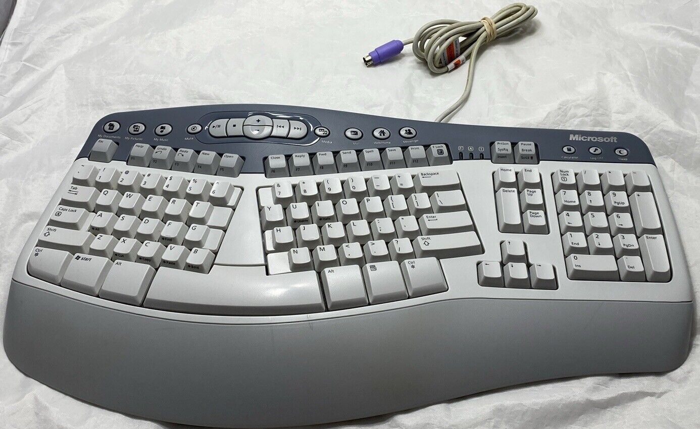 Microsoft Natural Multimedia Keyboard 1.0a RT9470 Ergonomic White Gray Blue PS2