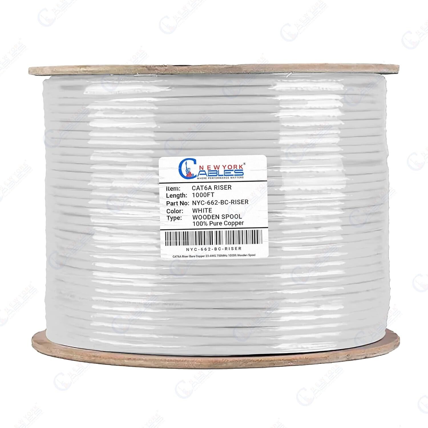 CAT6A Riser 1000ft Ethernet Cable (CMR) Solid Bare Copper 23AWG UTP 750Mhz White