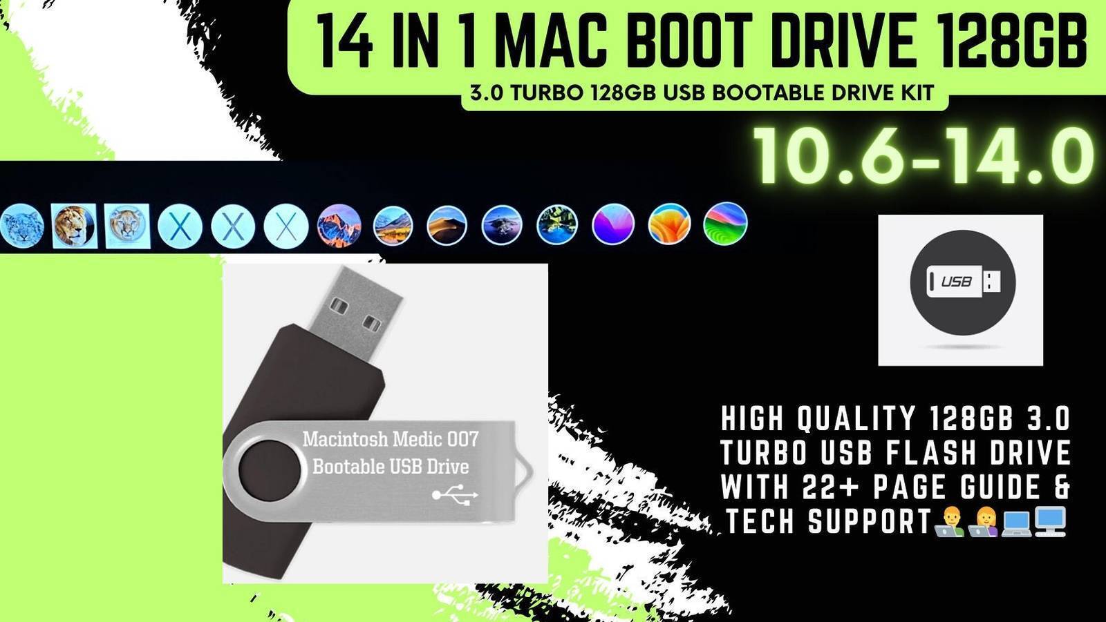 Mac OS X 14 in 1 Bootable USB Flash Drive 3.0 128GB With Printed Guide