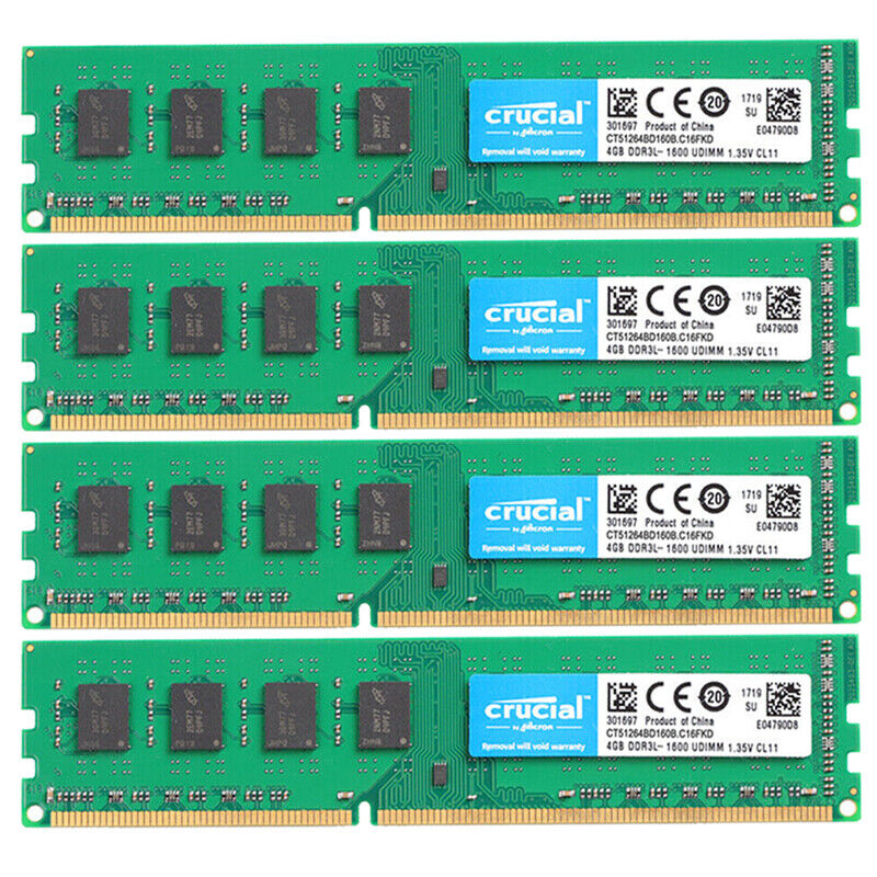 Crucial 16GB 4x 4GB DDR3 1600MHz 1.35V PC3-12800 UDIMM Desktop Memory RAM 240pin