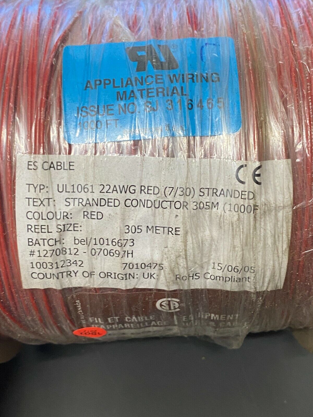 UL1061 22AWG RED (7/30) Stranded-Fil Et Cable-1000 FT/305M, Wire PVC 7/30 22AWG