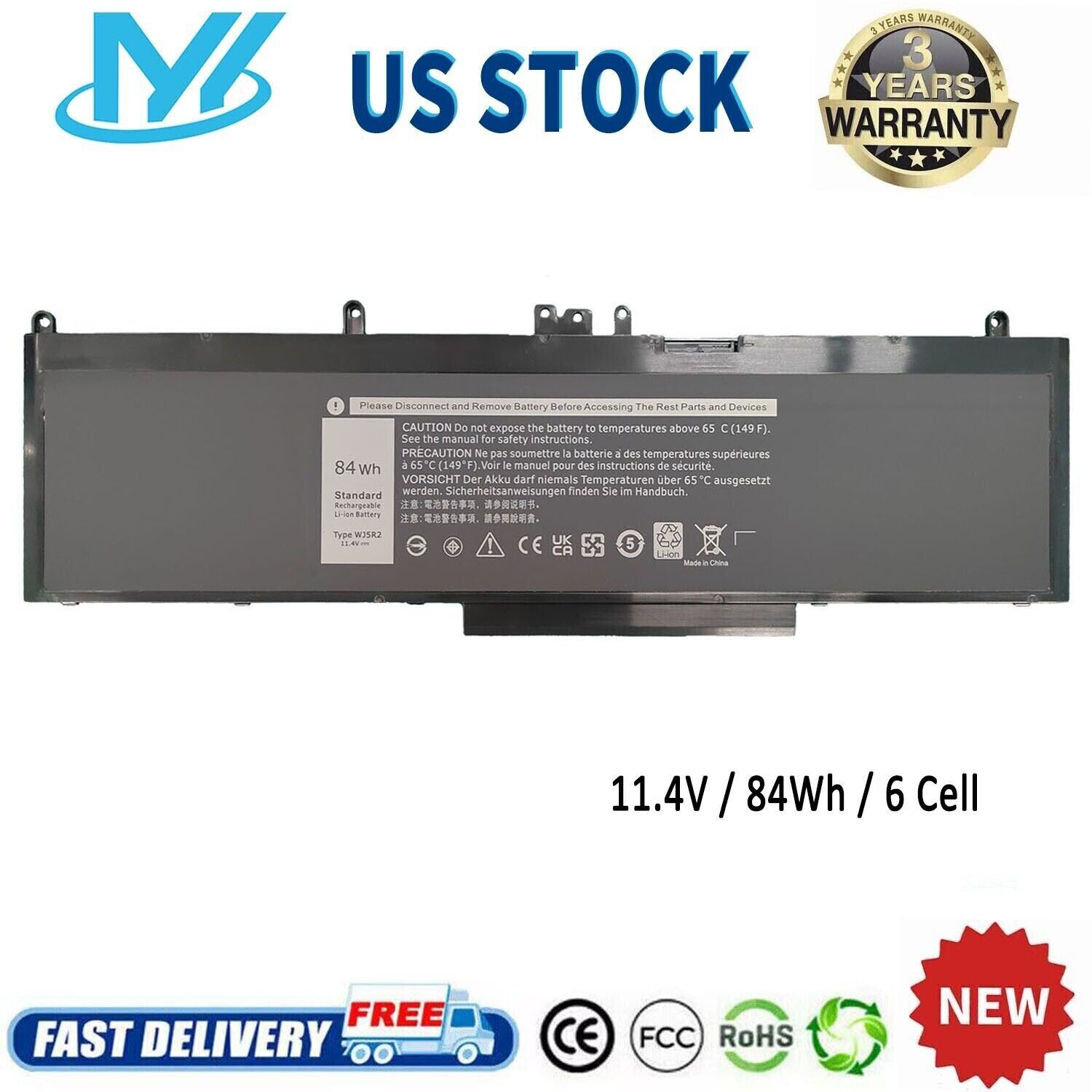 ✅WJ5R2 4F5YV 6 Cell Laptop Battery For Dell Latitude E5570 Precision 3510 84Wh