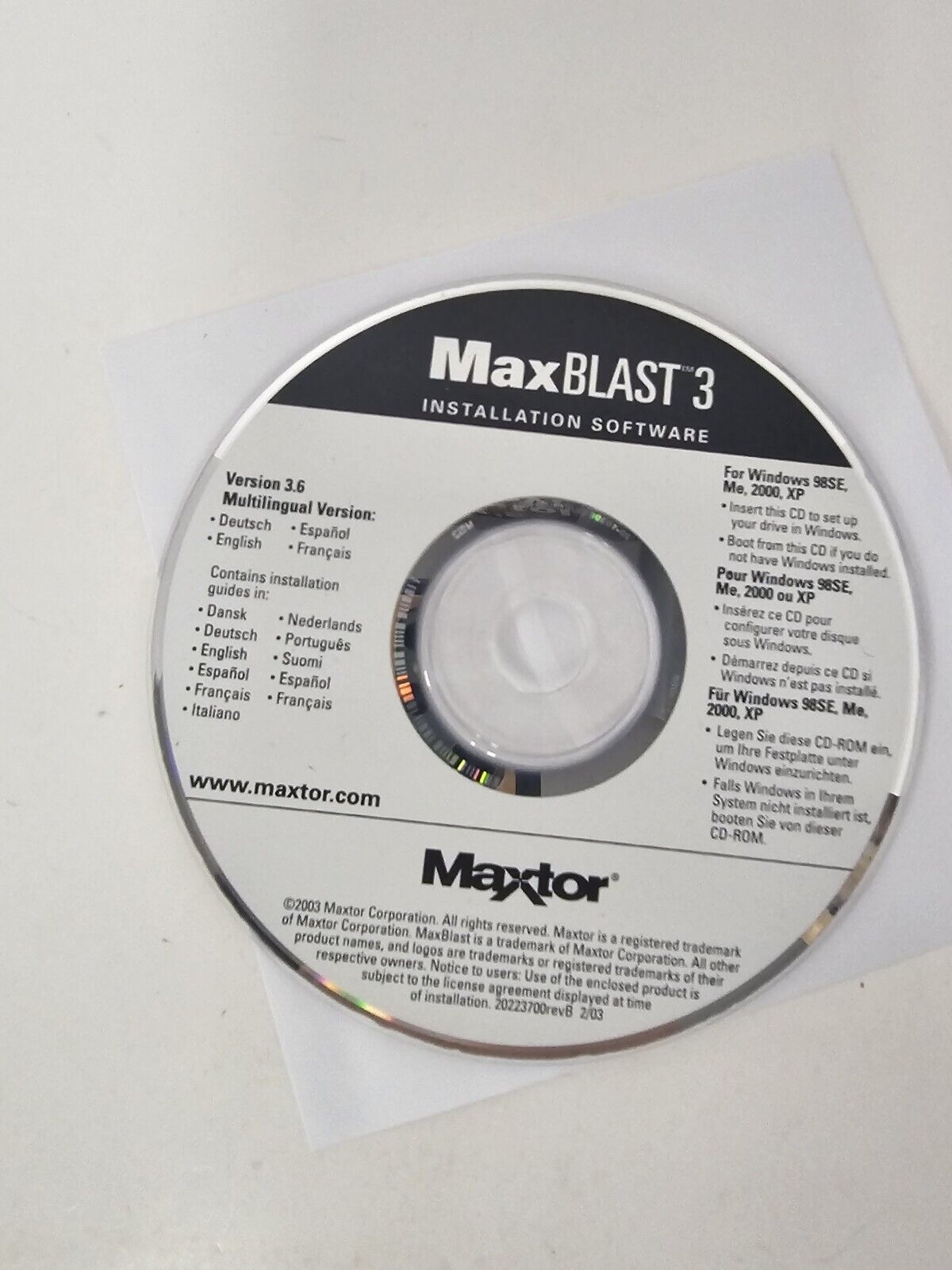 MaxBlast 3 MAXTOR Windows 98/Me/2000/XP Software Max Blast PC Computer Software
