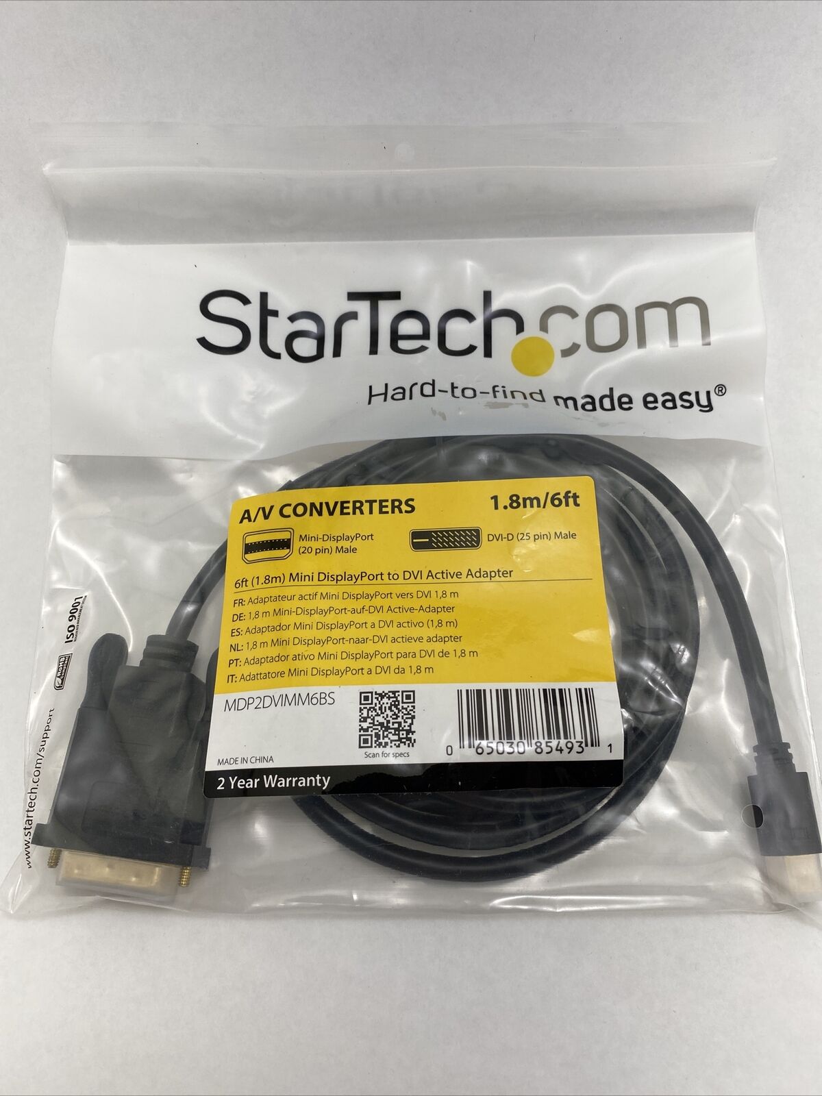 startech.com 6 foot mini display port to DVI active adapter. One Unit