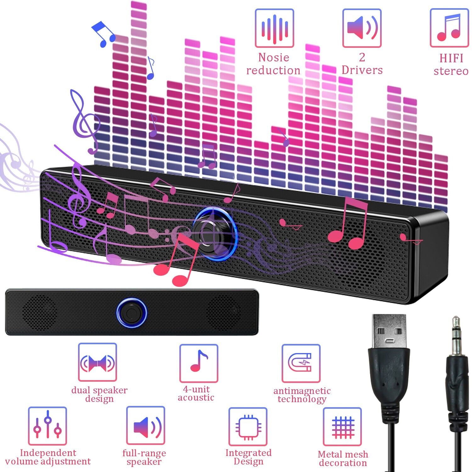 Wired Bluetooth Computer Speakers Stereo Soundbar Bass 3.5mm Jack for Laptop PC